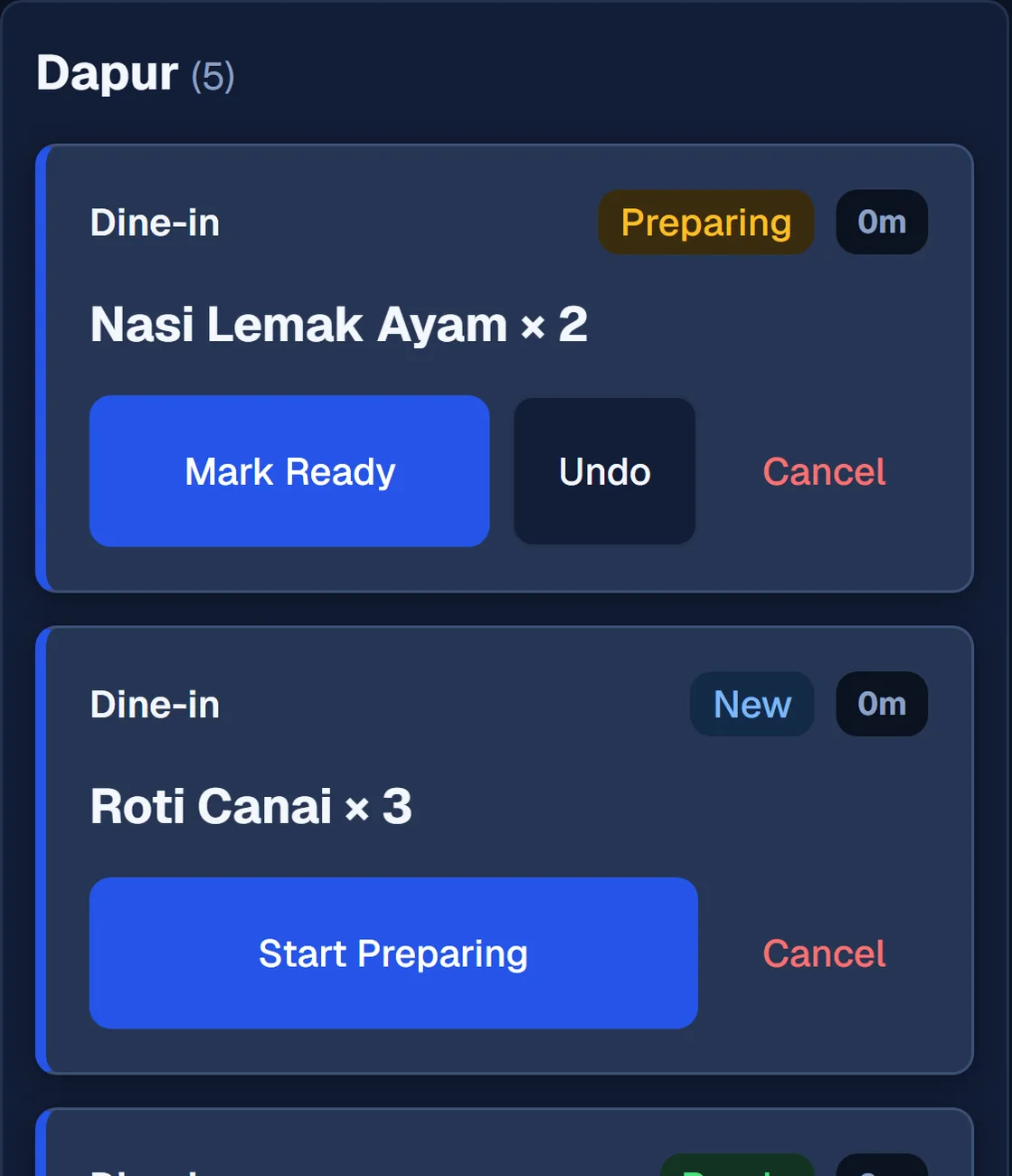 PLJ POS kitchen display with order tickets