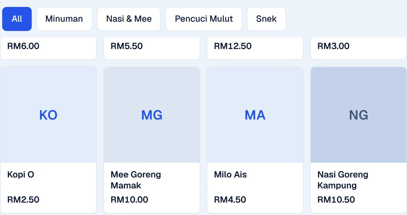 Real PLJ POS product tiles with menu prices